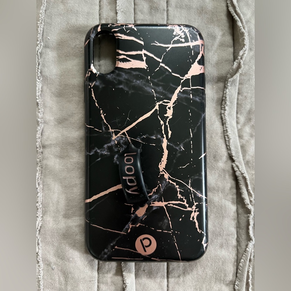 iPhone XR righty oriented loopy case. Black and rose gold marble.